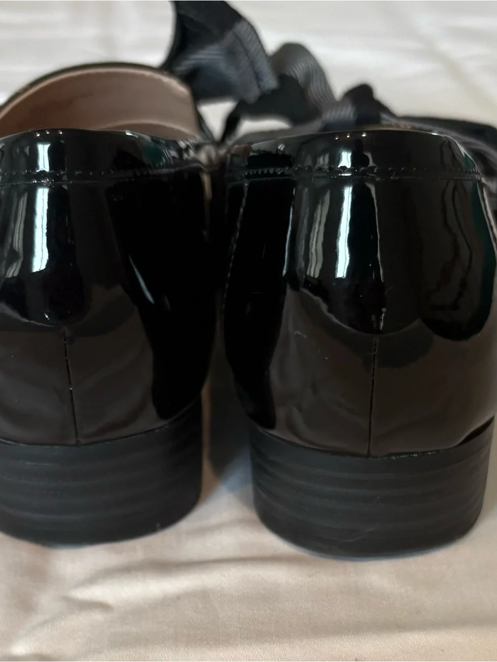 Bandolino Black Patent Loafers with Gray Striped Bow